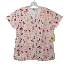 Gabby Brooke Holiday Scrub Top Womens Medium Pink New